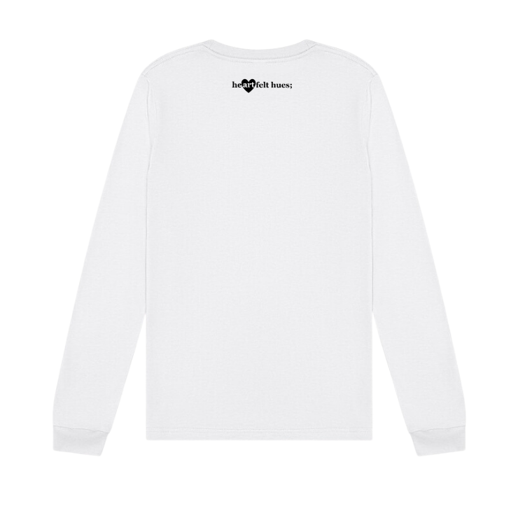 reverse of long sleeve white shirt with the heartfelt hues logo at the top