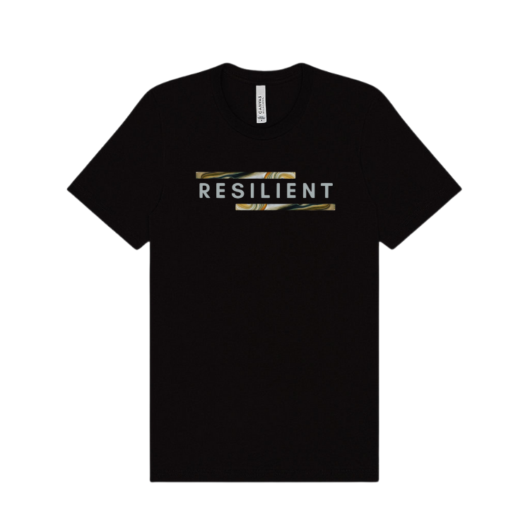 black short sleeve tshirt emblazoned with the word resilient