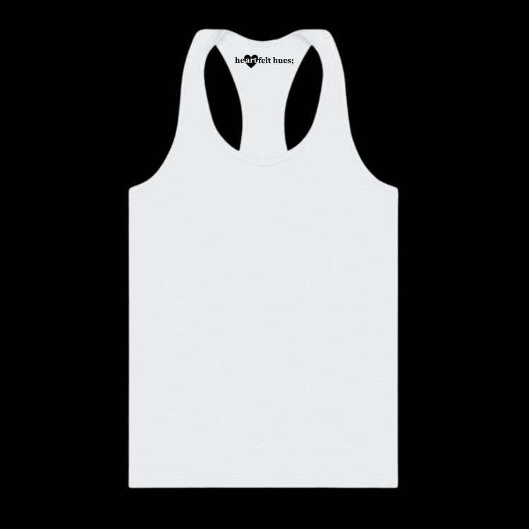 front side of a racerback tank top with the heartfelt hues logo at the neck.