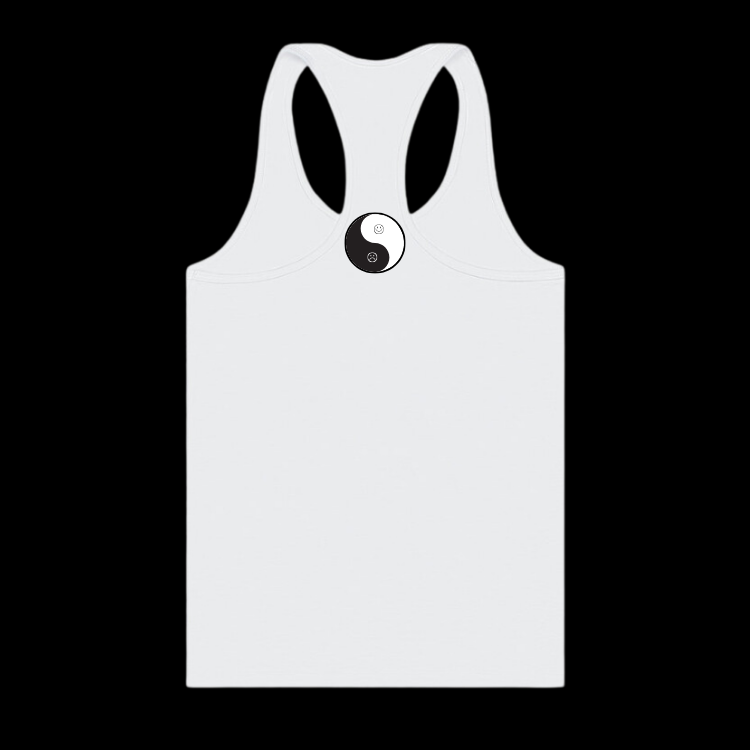 reverse side or a white racerback tank top with the yin yang symbol