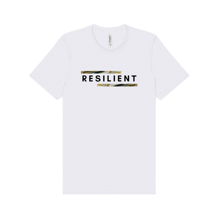 white short sleeve tshirt emblazoned with the word resilient