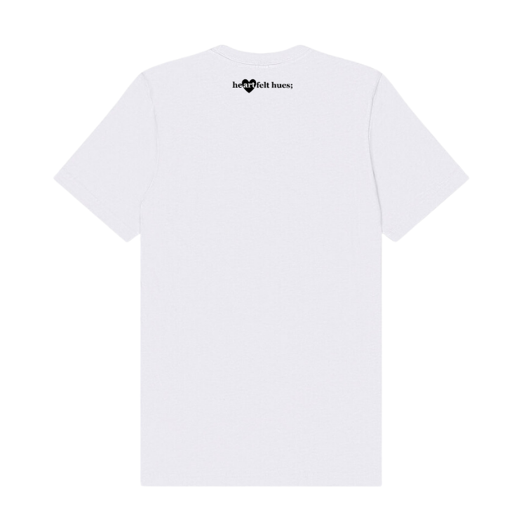 reverse of white tee with heartfelt hues logo by the collar.