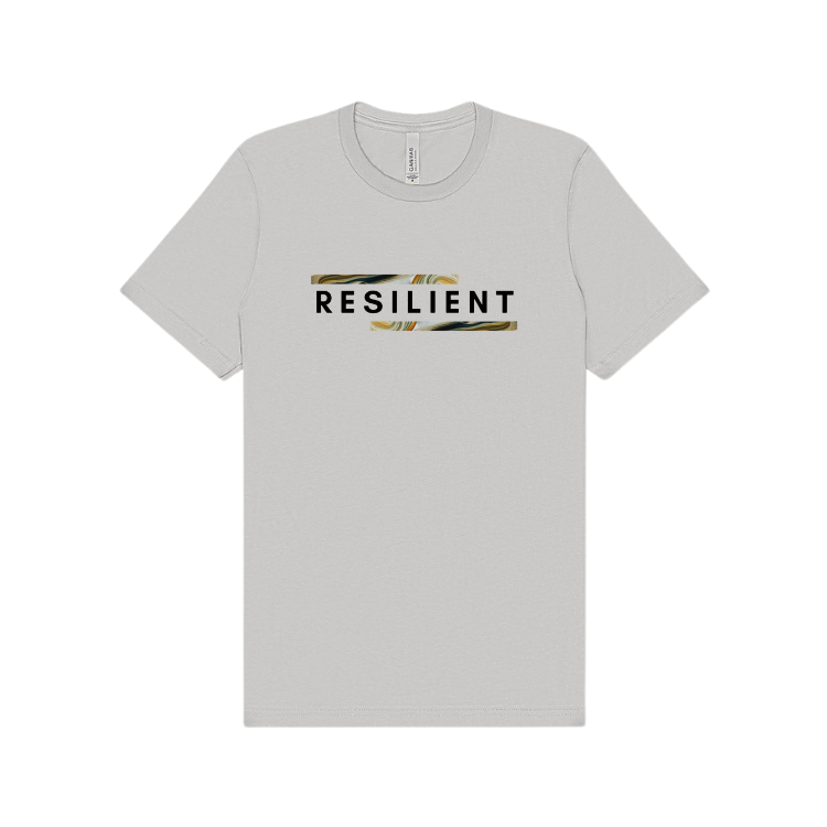 gray short sleeve shirt emblazoned with the word resilient