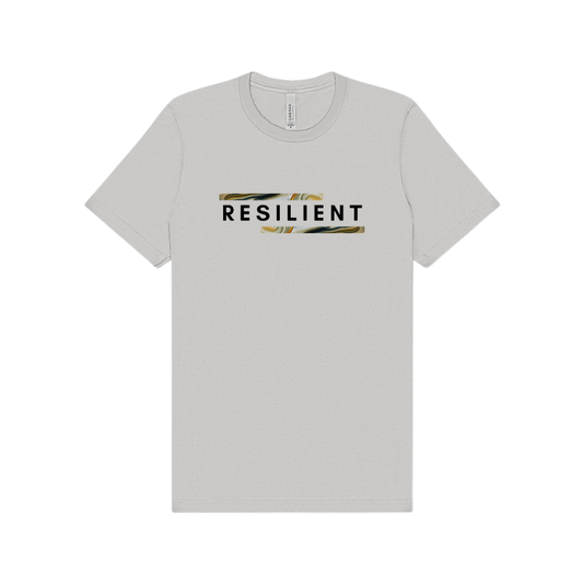 gray short sleeve shirt emblazoned with the word resilient