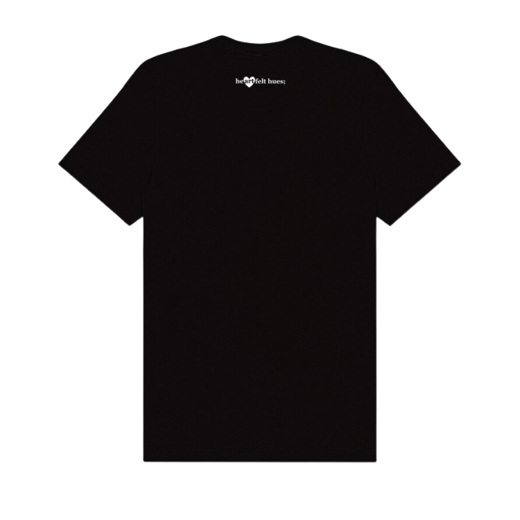 reverse side of a black tshirt with the heartfelt hues logo at the top