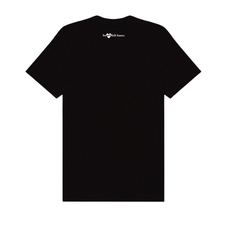 reverse of the black tee with the heartfelt hues logo at the top