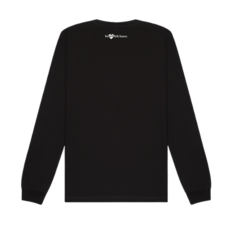 reverse side of black long sleeve shirt with the heartfelt hues logo at the top