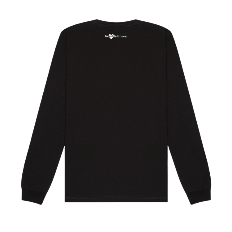 reverse side of the black long sleeve shirt with the heartfelt hues logo at the top