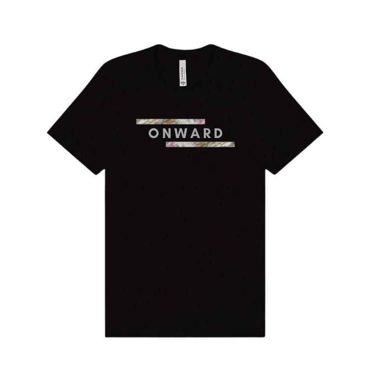 black short sleeve shirt emblazoned with the word onward