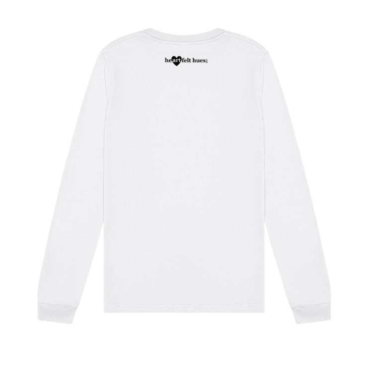 reverse side of white long sleeve tee with the heartfelt hues logo at the top