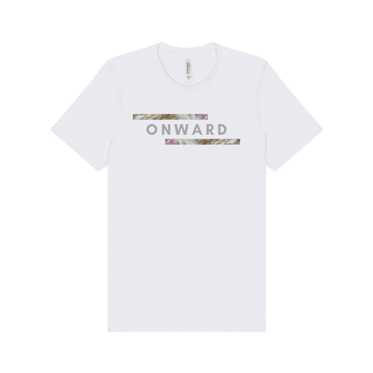 white short sleeve shirt emblazoned with the word onward