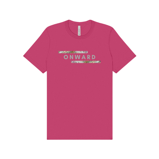 hot pink short sleeve shirt emblazoned with the word onward